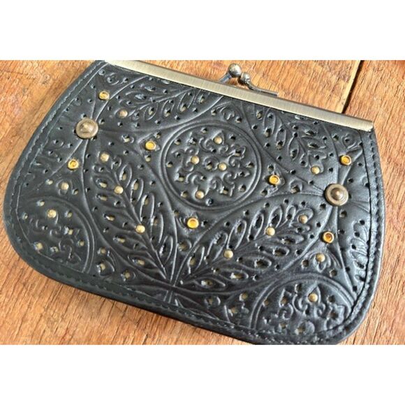 Vintage wallet - Genuine Leather and gemstone- snap closure - Picture 3 of 5